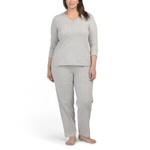 POPPY & CLAY Grey 2pc 100 Percent Organic Cotton Striped Henley Pajamas Set